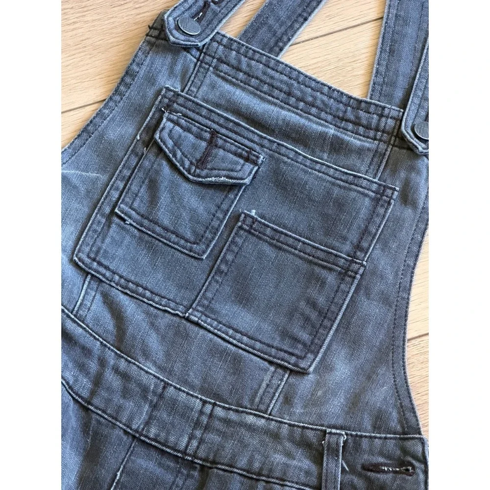 Free People Gray Denim Overalls Slim Tapered Distressed Bib Dungarees Gray